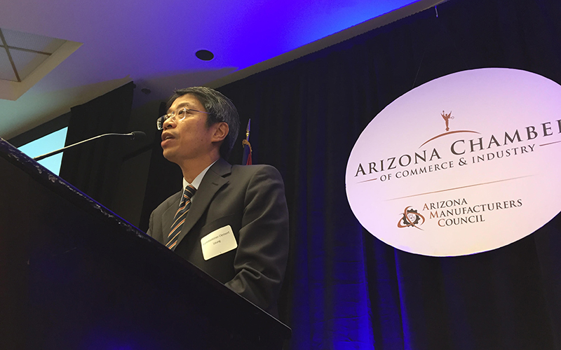 Hong Kong Commissioner to the U.S. Clement Leung speaks to the business community about promoting entrepreneurship for companies in Arizona and Hong Kong.