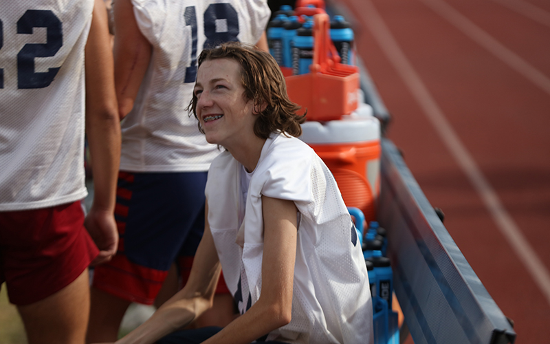 Perry High School football player Shae Veach, who had a heart transplant two years ago, practices before Friday's first home game of the season. (Photo by Rudy Aguado/Cronkite News)