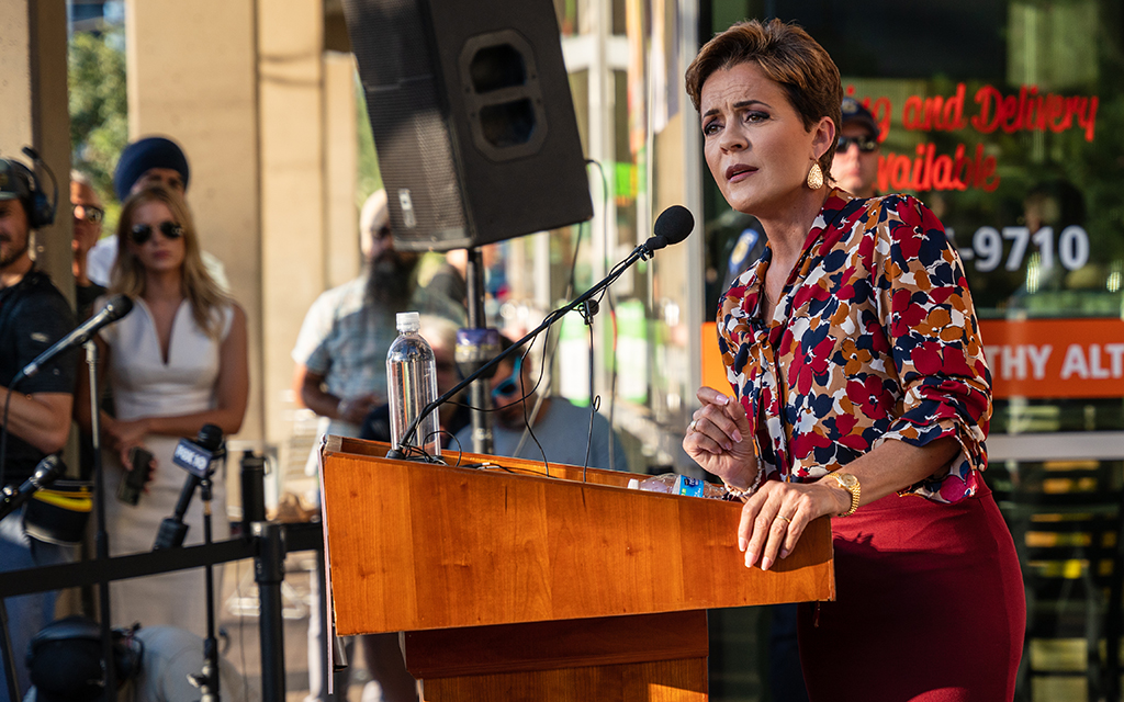 Arizona gubernatorial candidate Kari Lake set up a press conference outside the Walter Cronkite School of Journalism and Mass Communication on Arizona State University’s downtown campus Oct. 12, 2022, and denounced Arizona PBS, Democratic opponent Katie Hobbs and ASU. Lake called Hobbs a “coward” and said that she is killing decades of political tradition. (Photo by Jack Wu/Cronkite News)