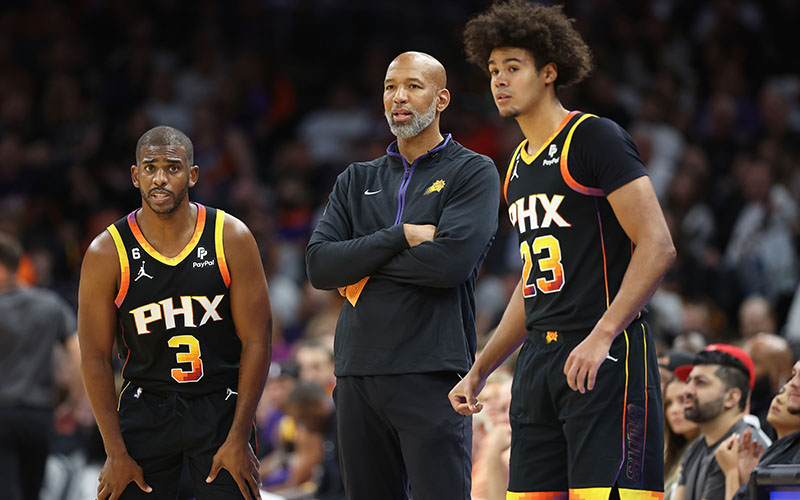 Phoenix Suns coach Monty Williams, middle, has called on his supporting cast to pick up the slack in the absences of Chris Paul, left, and Cam Johnson, right. (Photo by Christian Petersen/Getty Images)