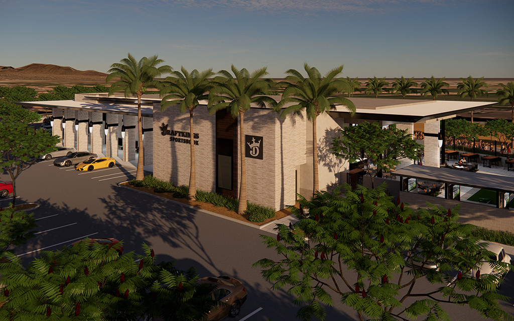 A rendering outside of the new DraftKings Sportsbook, which is located directly across from the TPC Scottsdale clubhouse. (Rendering courtesy of Allen + Philp Partners)