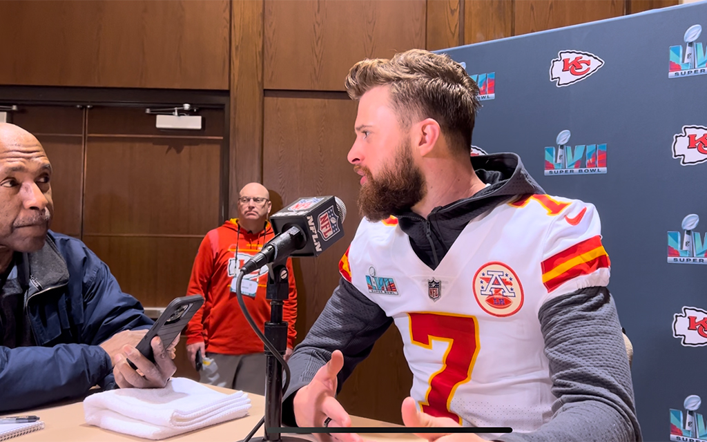 Kansas City Chiefs place kicker Harrison Butker answers questions at a press conference.Kansas City Chiefs place kicker Harrison Butker speaking during Wednesday's media availability ahead of his third Super Bowl appearance on Sunday. (Photo by Spencer Gustafson/Cronkite News)
