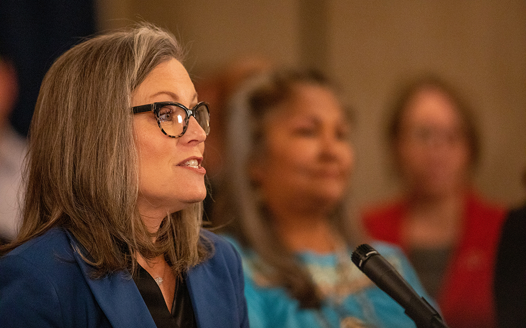 Gov. Katie Hobbs speaks at a press conference to commemorate her 100th day as Arizona’s chief executive on April 12, 2023. (Photo by Drake Presto/Cronkite News)