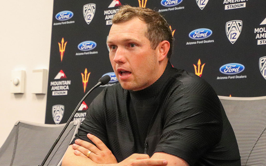 Arizona State football coach Kenny Dillingham discusses the program’s self-imposed postseason ban for the upcoming season and starting quarterback Jaden Rashada’s progress in practice. (Photo by Reece Andrews/Cronkite News)