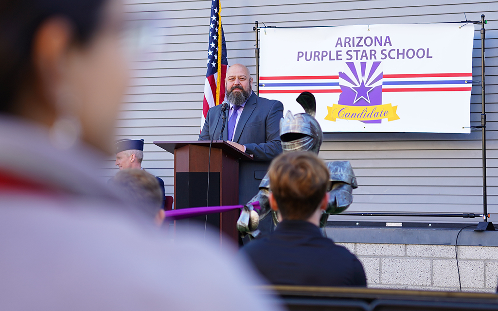 Chris Wright, military liaison and third grade teacher at Great Hearts Trivium Preparatory Academy in Goodyear, speaks about the Purple Star Schools program, on Nov. 21, 2023. (Photo by Kiersten Edgett/Cronkite News)