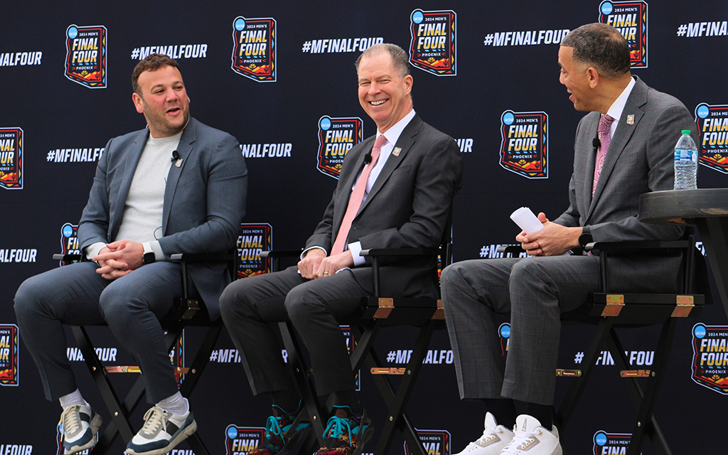 Josh Bartelstein (CEO Phoenix Suns and Phoenix Mercury), Dan Gavitt (NCAA Senior Vice President of Basketball) and Dr. Charles McClelland (Chair of the Division I Men’s Basketball Committee) take time to reminisce on past Final Four experiences at a Wednesday press conference. (Photo by Bennett Silvyn/Cronkite News)