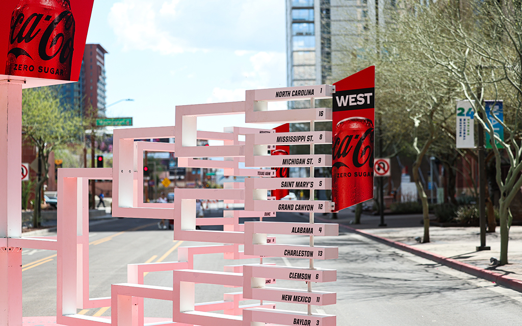 The Coca-Cola NCAA Men's Tournament bracket stands in front of the Phoenix Convention Center, mar. (Photo by Ethan Briggs/Cronkite News)