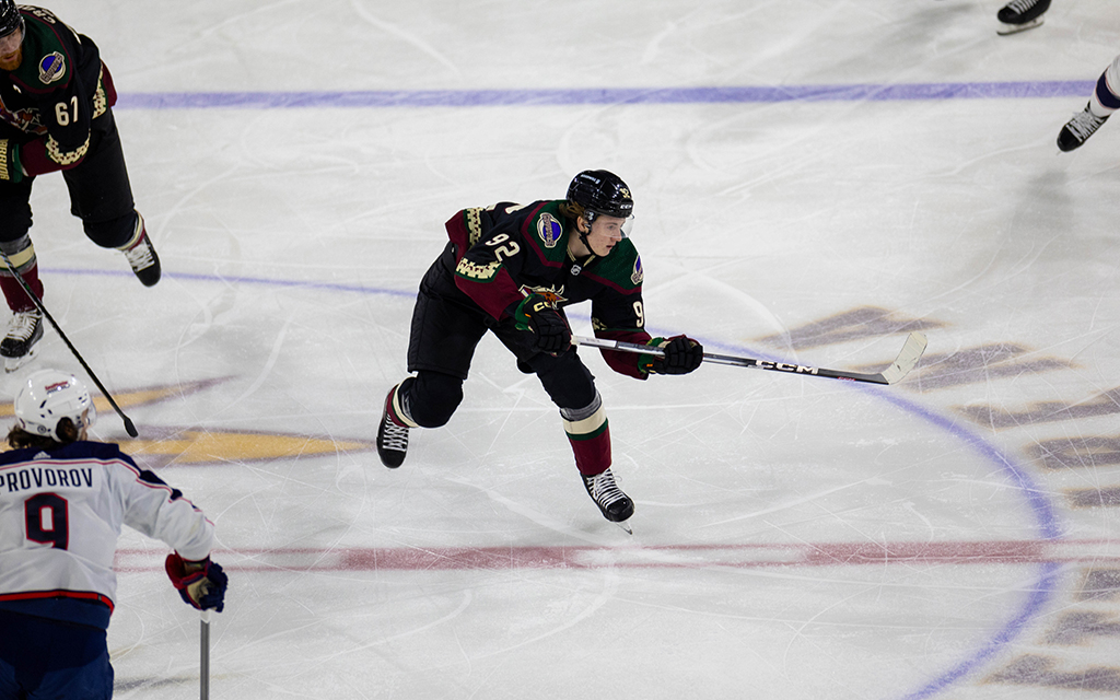 After the Coyotes’ victory Wednesday, forward Logan Cooley said, “With all the news going around and crap going, we were resilient and came together as a group,” (Photo by Reece Andrews/Cronkite News)