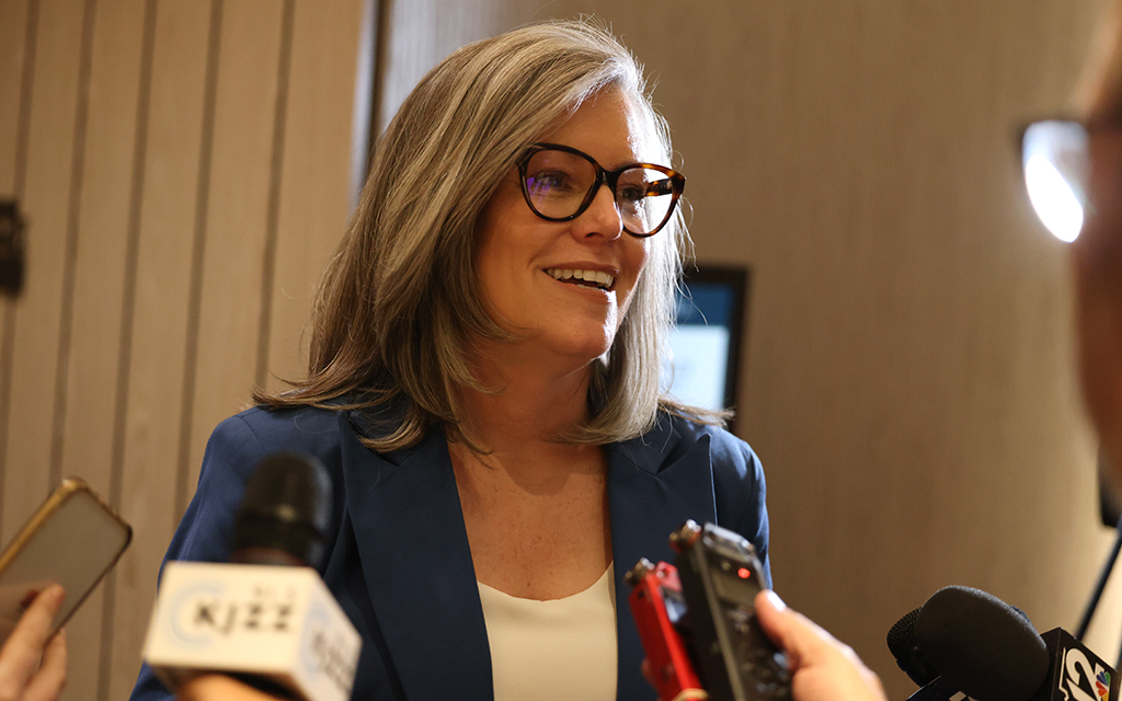 Gov. Katie Hobbs speaks to the media on March 28 in Tempe after a fireside chat at the 2024 Arizona Space Summit about strategic opportunities for Arizona in the space industry. (Photo by Marnie Jordan/Cronkite News)