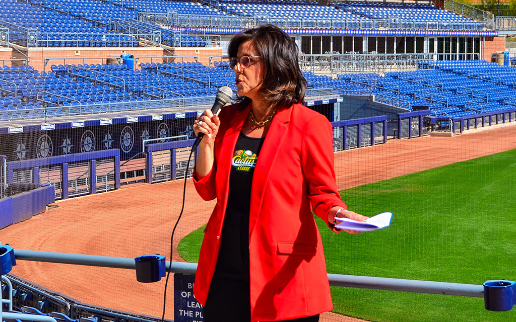 Cactus League executive director Bridget Binsbacher announces the league’s 2024 attendance totals Thursday at the Peoria Sports Complex. (Photo by Samuel Nute/Cronkite News)