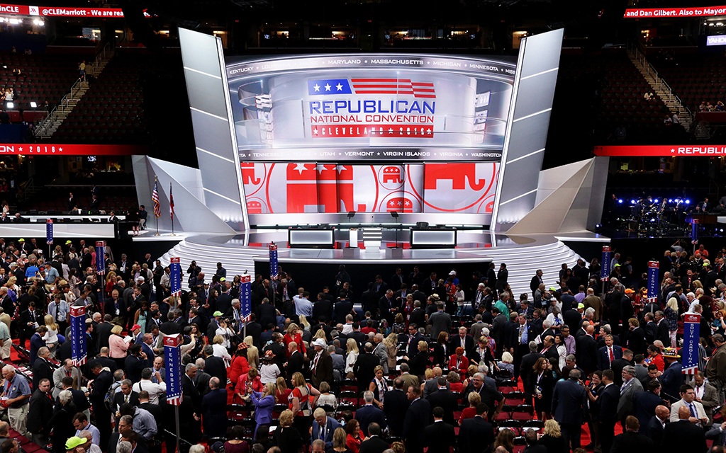 The stage at the 2016 Republican National Convention in Cleveland is empty after party Chair Reince Priebus walked off during protests on the floor on the first day of the convention, July 18, 2016. (Photo by Alex Wong/Getty Images)
