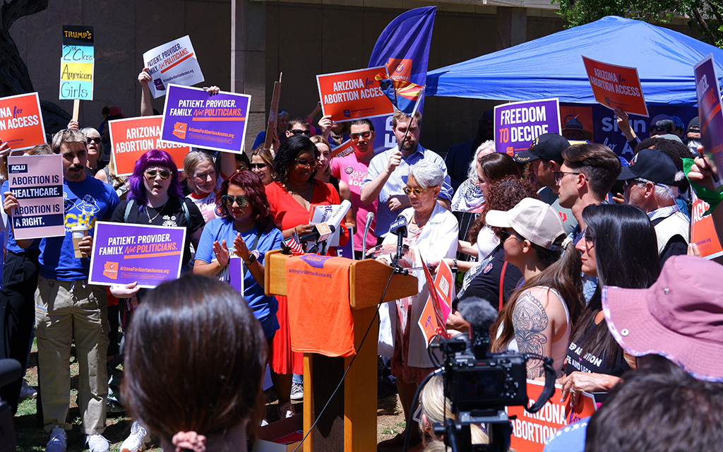 Supporters of the abortion ballot measure rally outside of the Arizona State Capitol on 17 April. (Photo courtesy of Arizona for Abortion Access)