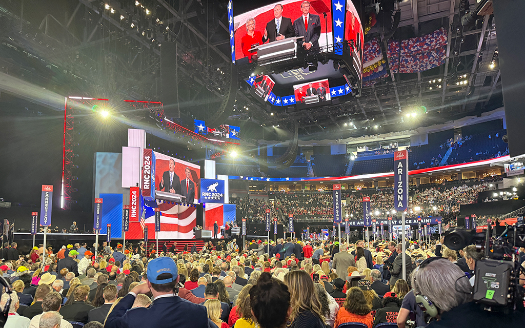 Arizona delegates watch speakers on the first day of the Republican National Convention in Milwaukee on July 17, 2024. (Photo by Grey Gartin/Cronkite News)