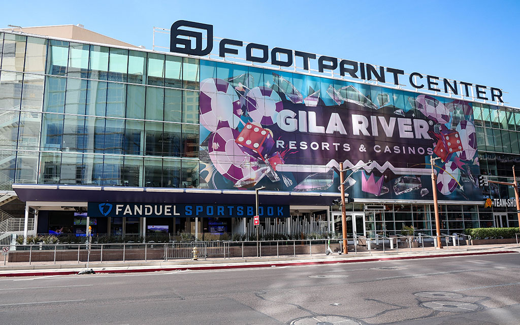 Footprint Center exterior with Gila River Resorts & Casinos banner and Fanduel Sportsbook entrance.