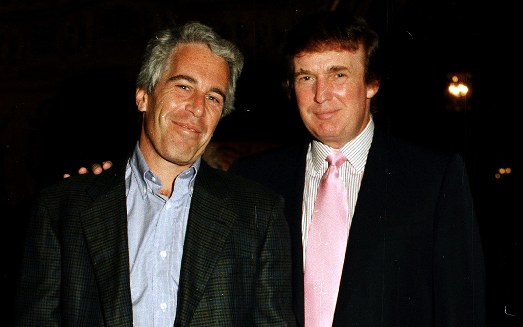 Jeffrey Epstein and Donald Trump pose together in suits.